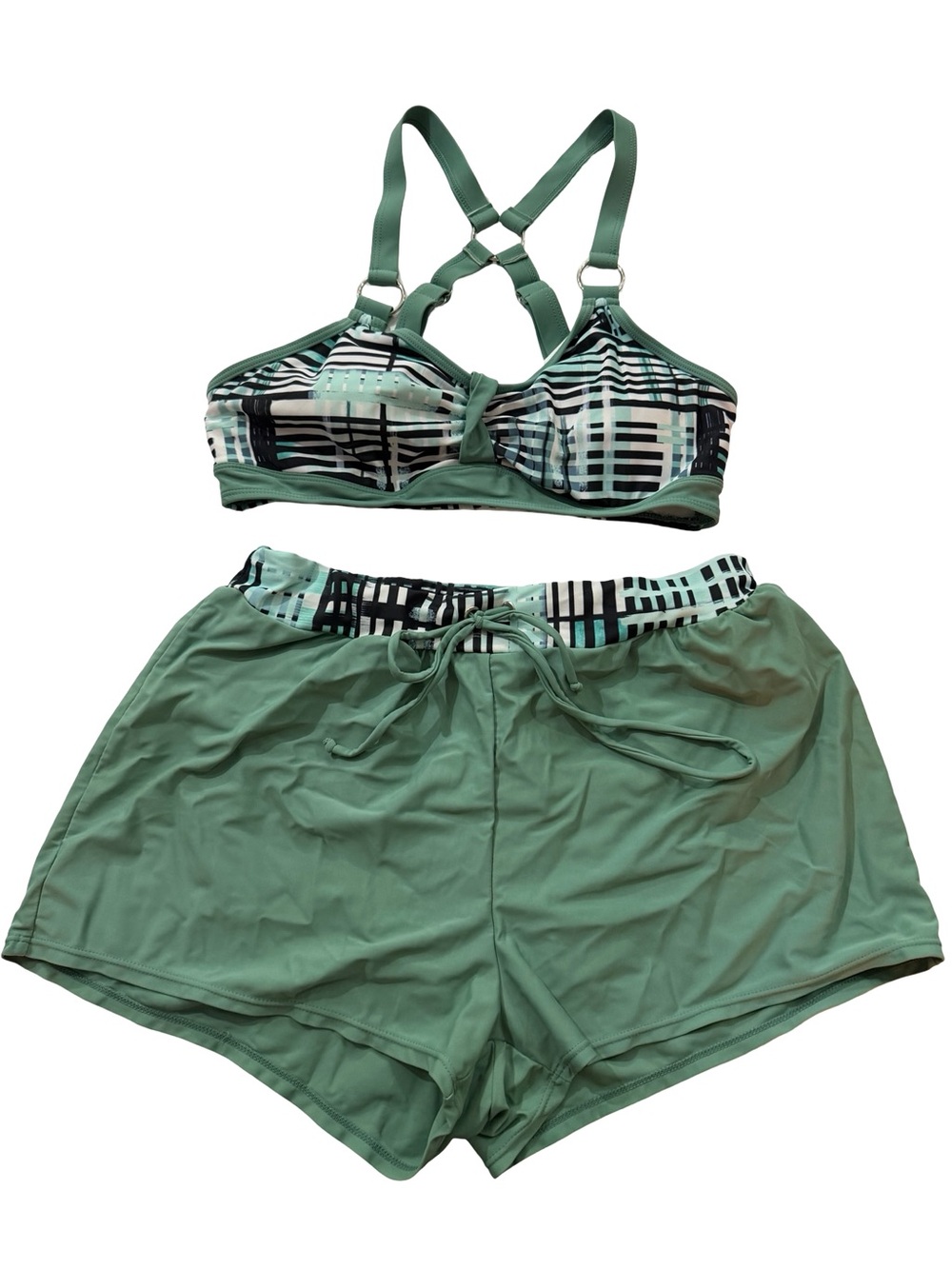 Amazon Brands Sage Green Plaid Cage Strap Bikini Swim Set Strappy Medium Women's